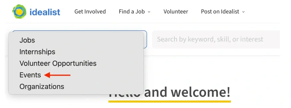 Screenshot of the Idealist website showing how to search for Events.