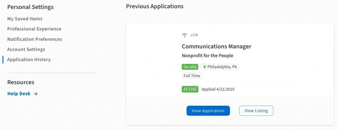 Screenshot of the Idealist website showing how to view application documents