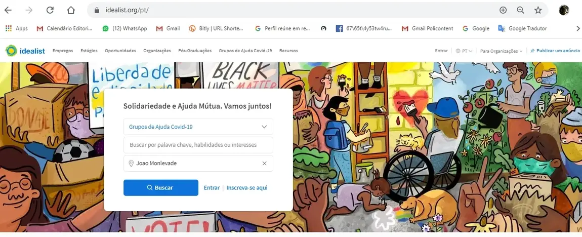 A screenshot of the Idealist Portuguese home page.