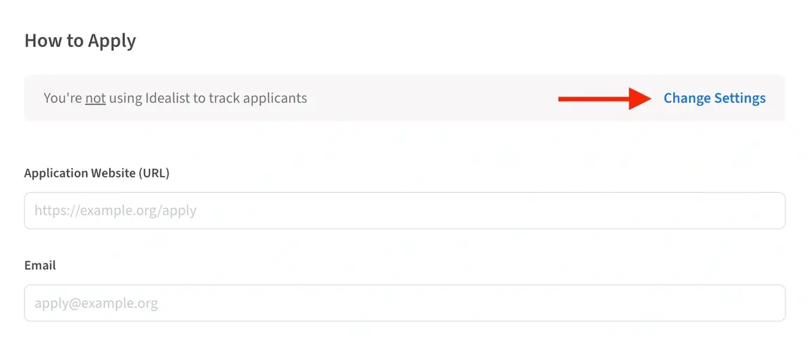 Screenshot of the Idealist website showing how to Change Settings for the Applicant Tracker