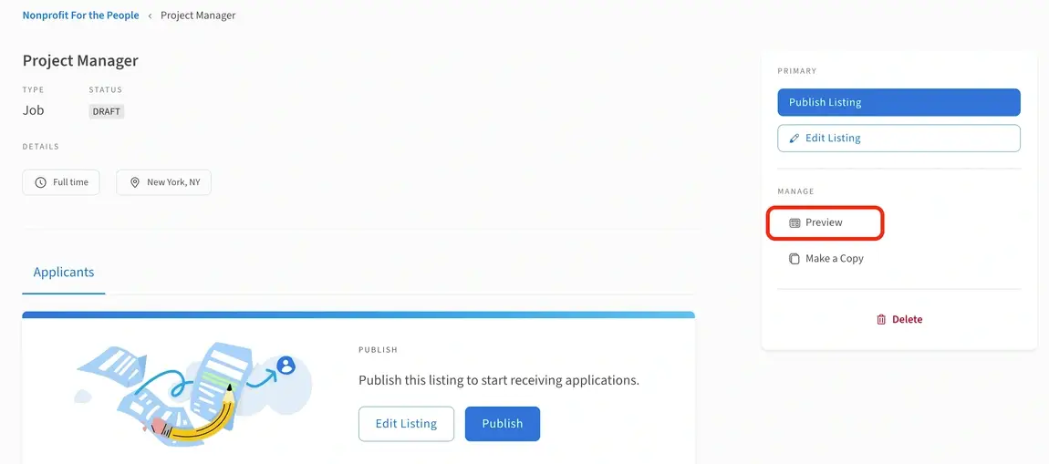Screenshot of the Idealist website showing how to preview a listing.