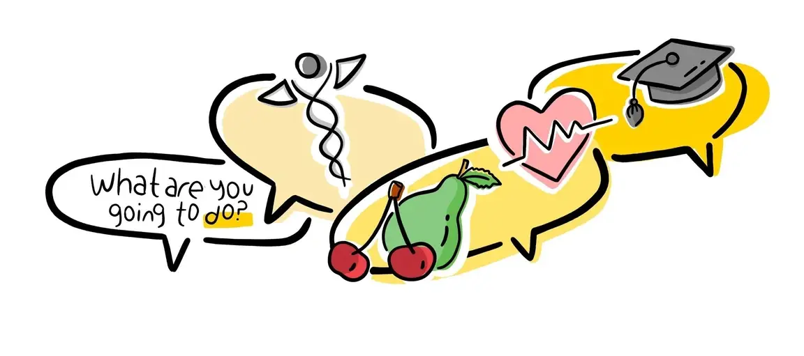 Illustrations of grad school elements.