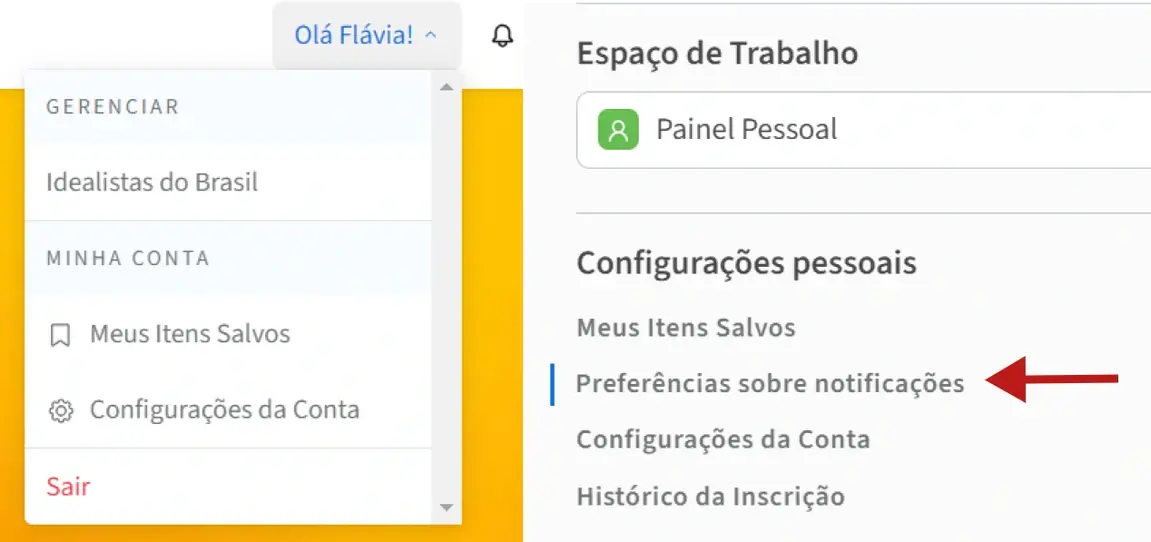 Screenshot of the Idealist website showing how do access Notification Preferences in your Personal Dashboard.
