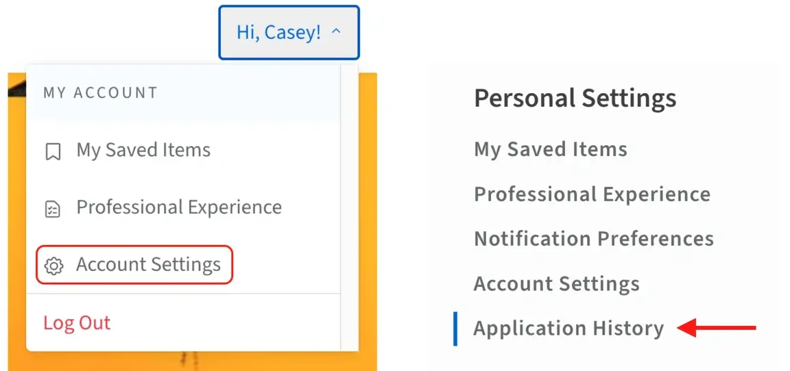 Screenshot of the Idealist website showing how to access Application History