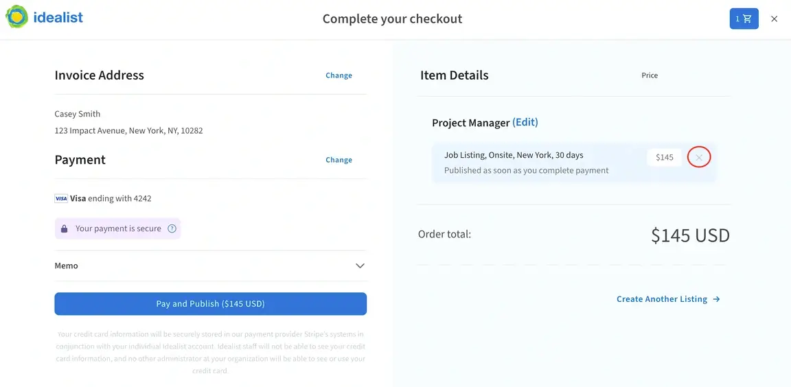 Screenshot of the Idealist website showing how to remove a listing from your cart.