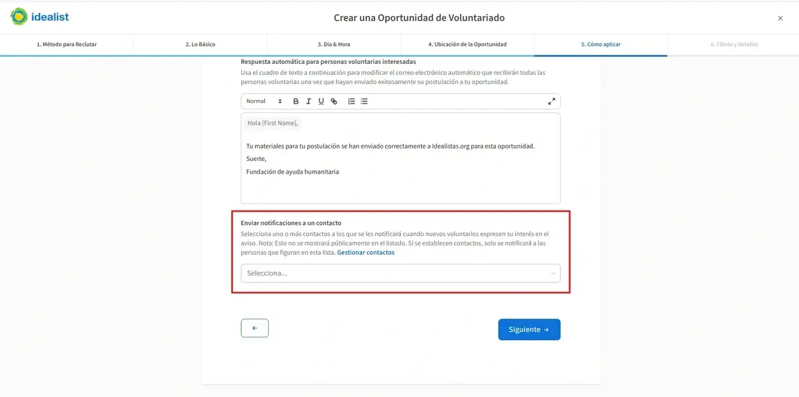 Screenshot of the Idealist website showing where to select contacts.