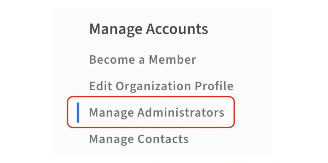 An image showing the "Manage Administrators" button on the organization's Dashboard.