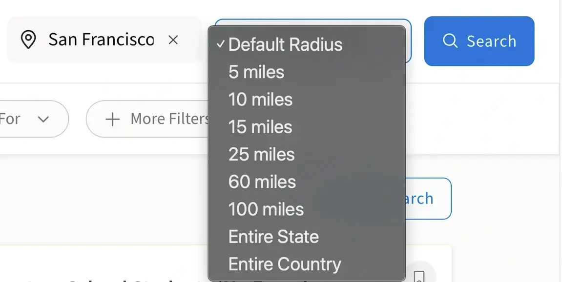 Screenshot of the Idealist website showing how to narrow a search by radius