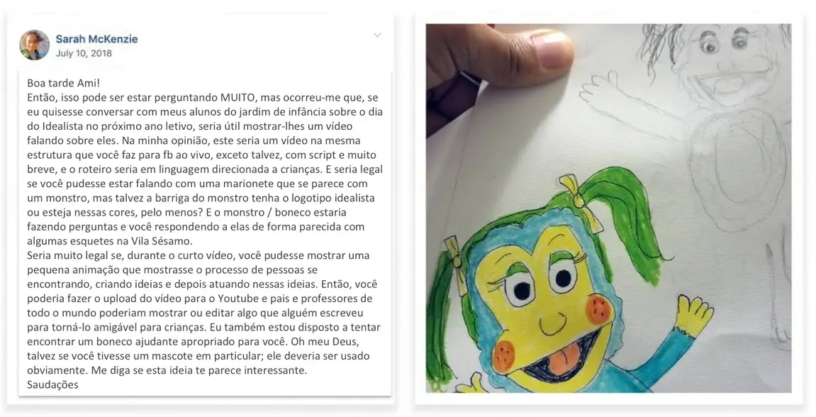 A Facebook post Sara wrote to Ami about making an Idealist Days video for her kindergarten class.