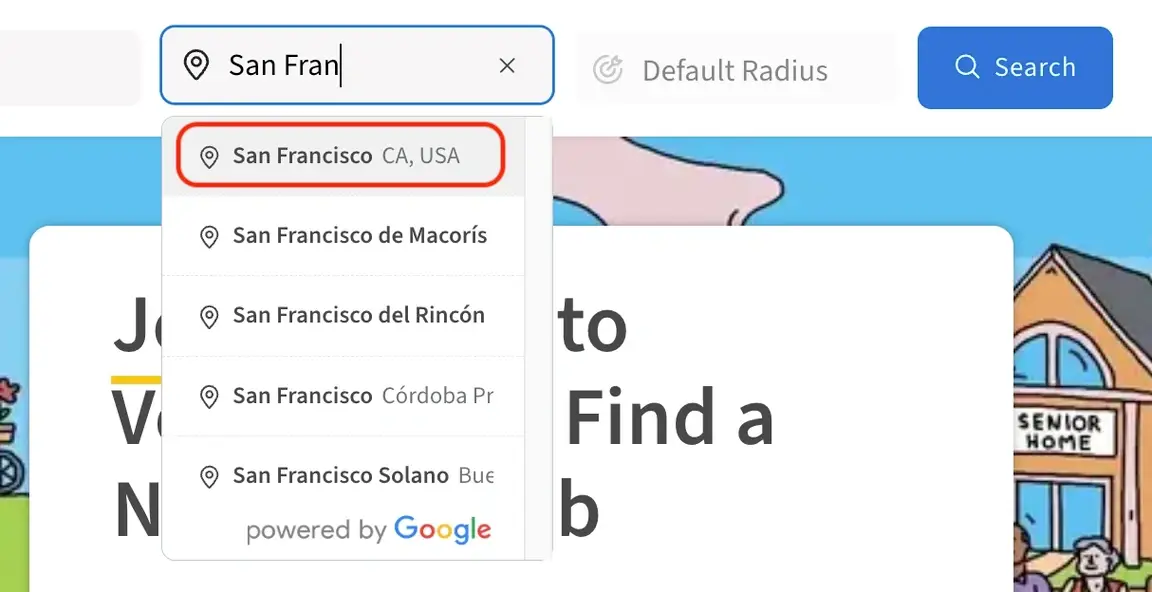 Screenshot of the Idealist website showing how to select a location
