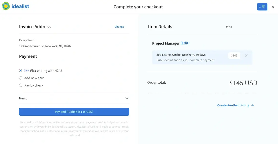 A screenshot of the Idealist website showing how the payment process works.