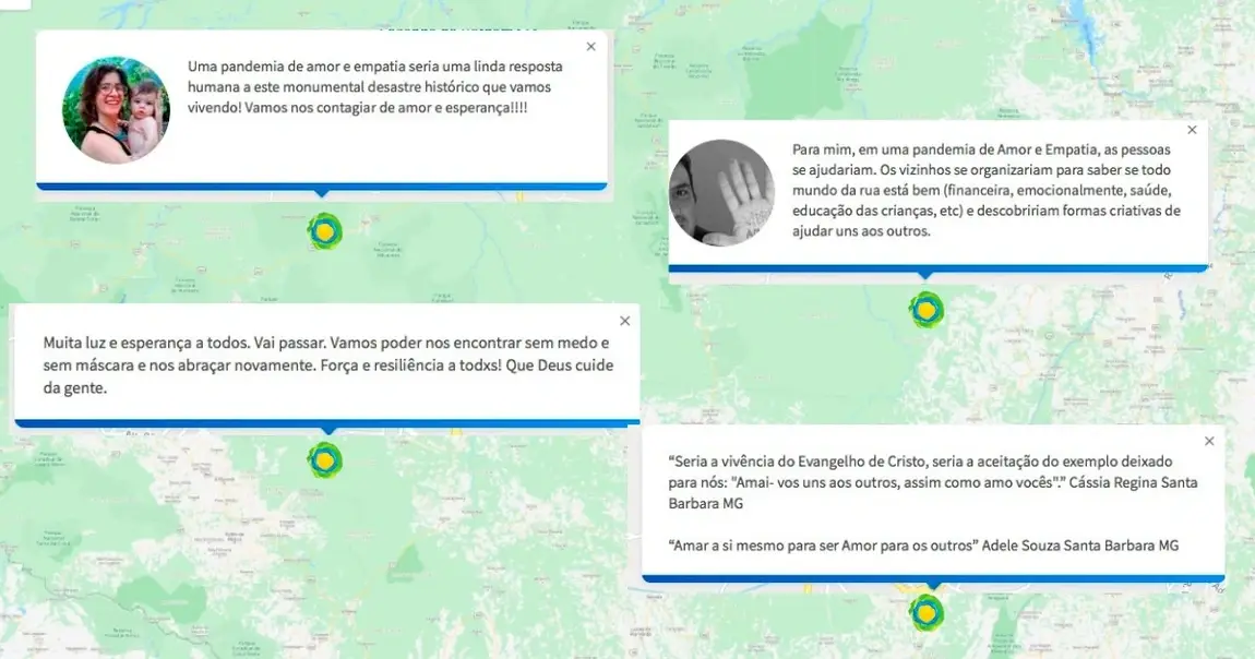 Speech bubbles against a backdrop of the Idealist map.