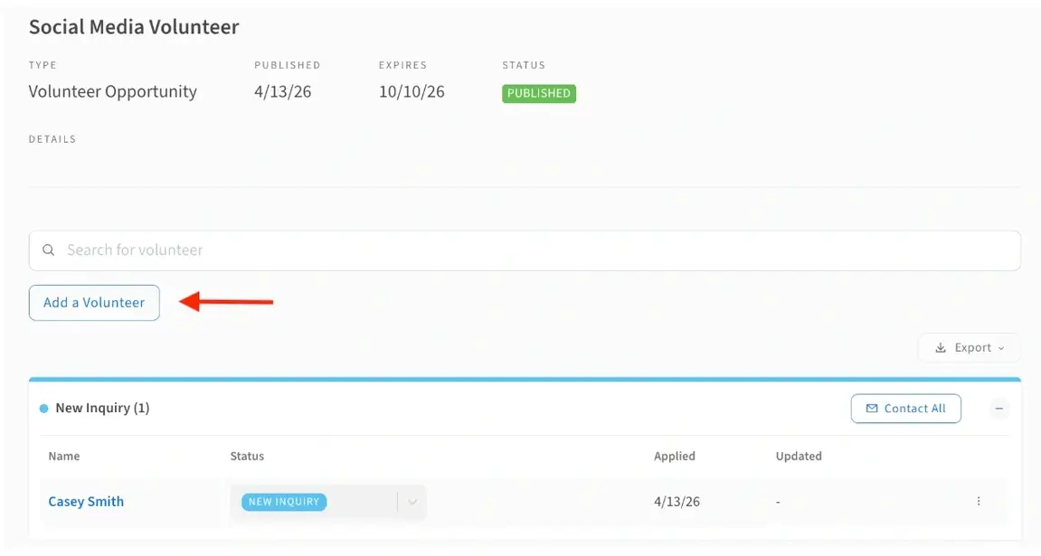 Screenshot of the Idealist website showing how to add a volunteer to a listing