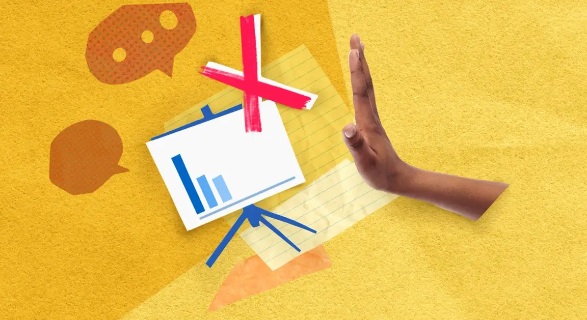 Illustration of a hand signaling "No" to an image of a bar graph with a red X over it.