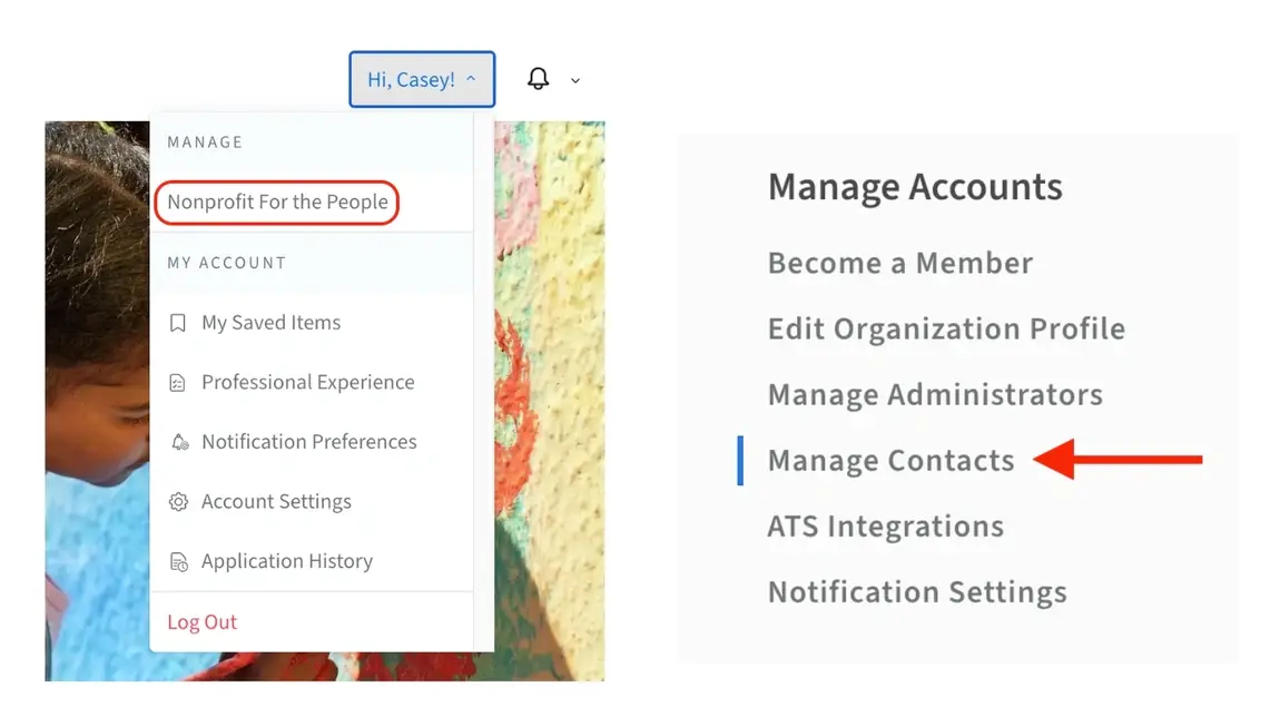 Screenshots of the Idealist website showing where to find Manage Contacts
