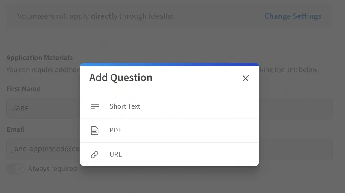 Screenshot of the Idealist website showing how to add application requirements to an Applicant Tracker listing.