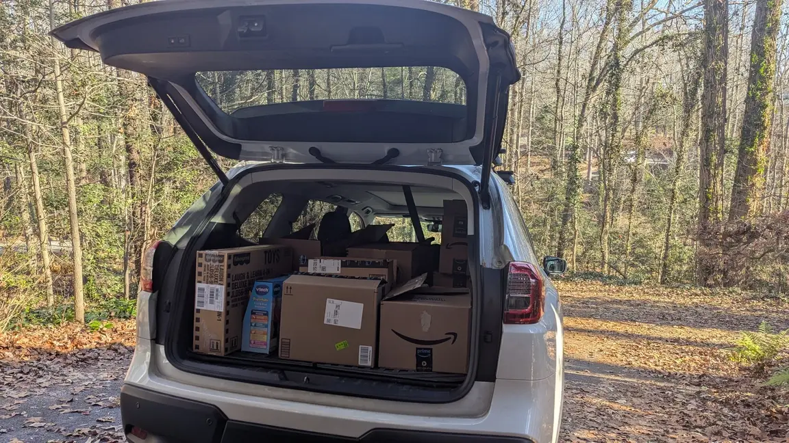 A photograph of Megan's car loaded with donations