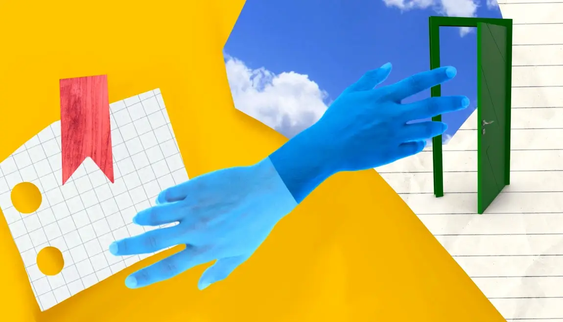 An abstract illustration, featuring blue hands reaching toward a grad school degree and an open green door simultaneously.