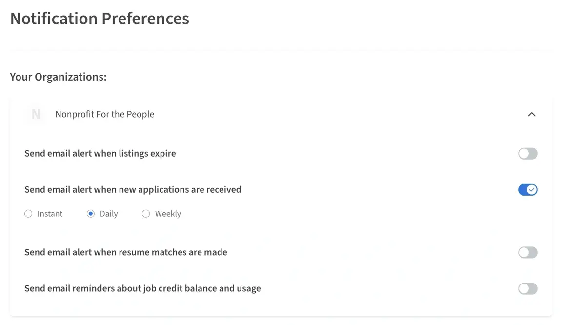 Screenshot of the Idealist website showing how to change alert frequency for new applications.