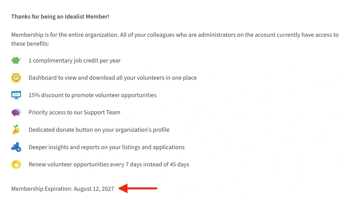 Screenshot of the Idealist website showing membership expiration