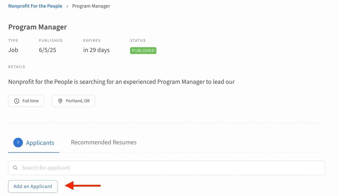 Screenshot of the Idealist website showing how to manually add an applicant using the Applicant Tracker