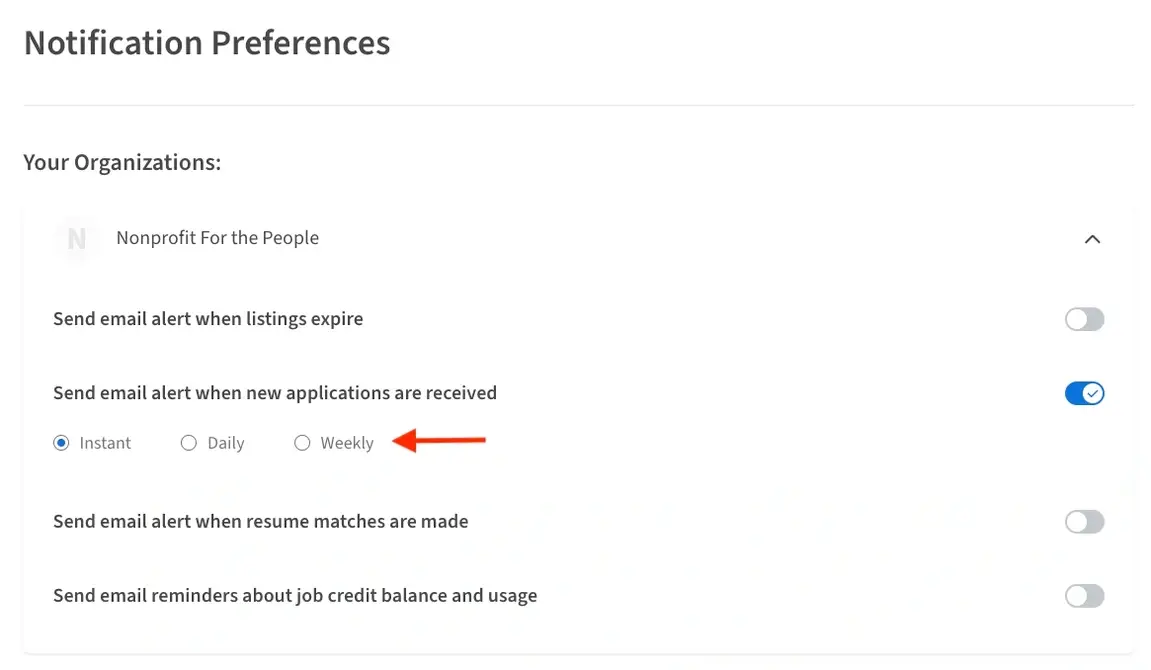 Screenshot of the Idealist website showing where to set administrator notification preferences.