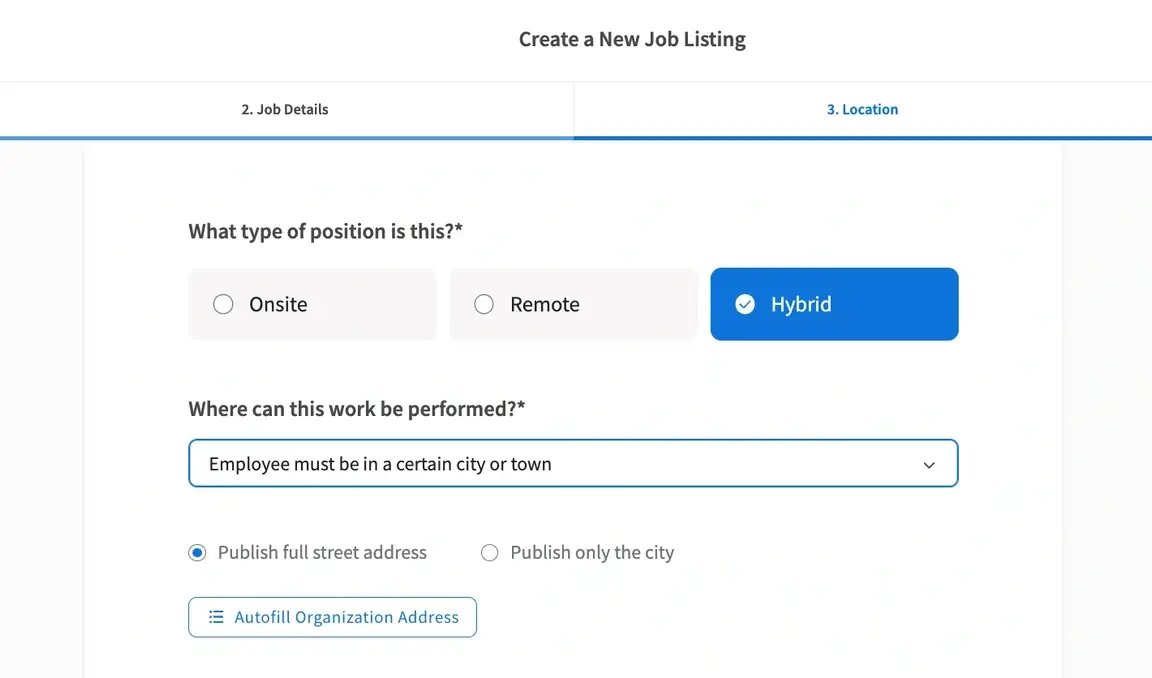 Screenshot of the Idealist website showing where to select Hybrid when creating a listing