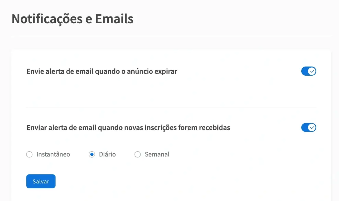 Captura de tela do site do Idealista mostrando como alterar a frequência de alerta para novas candidaturas.