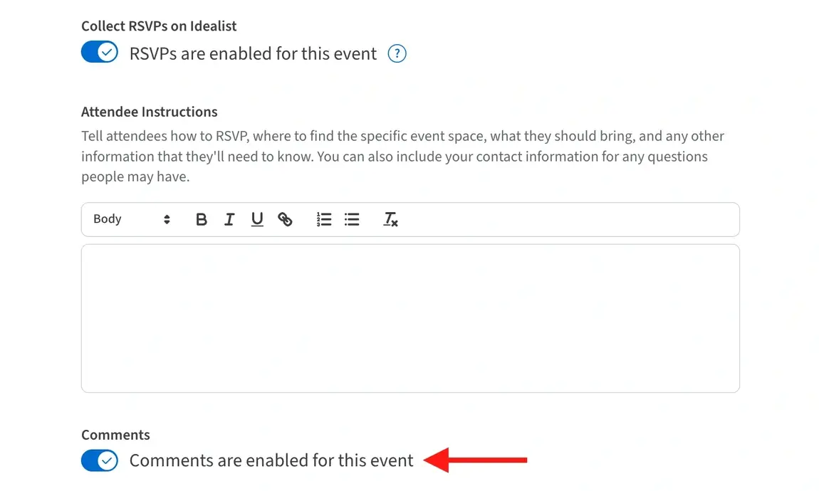 Screenshot of the Idealist website showing where to enable commenting on an event listing
