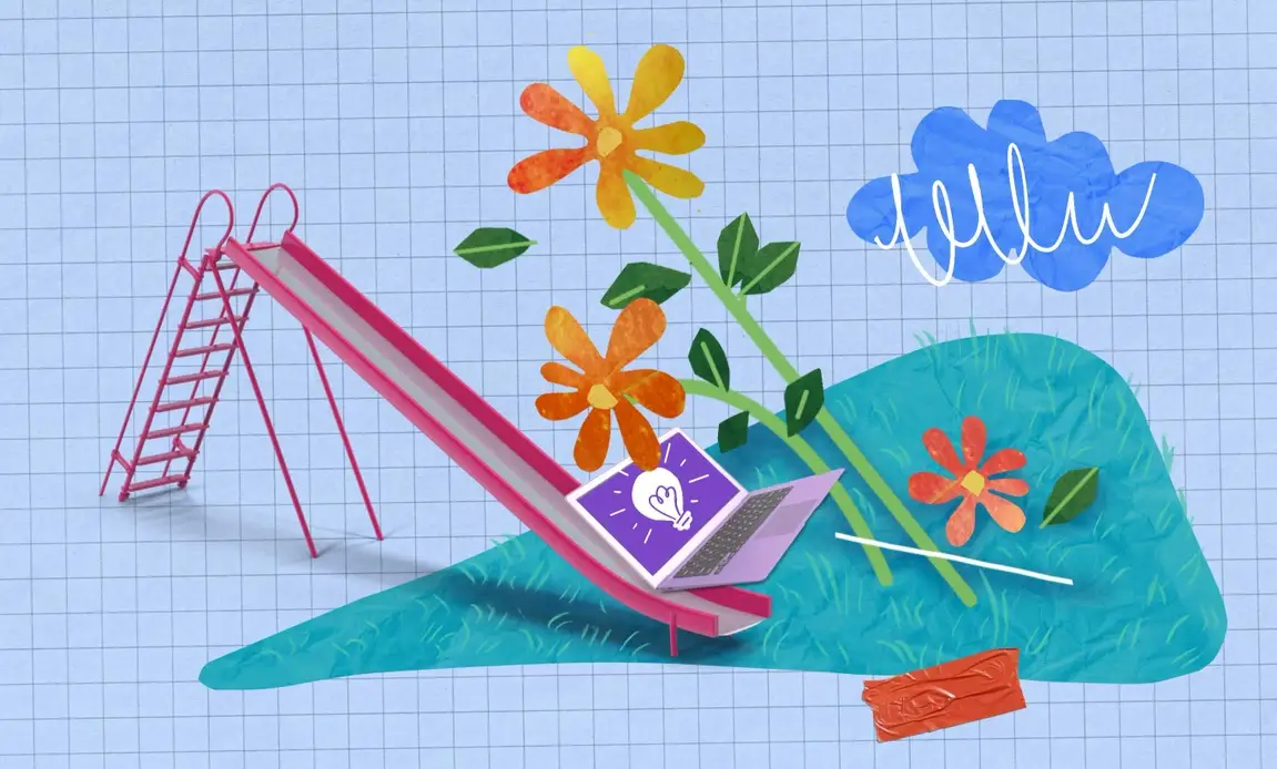 An illustration of a laptop sliding down a ladder.