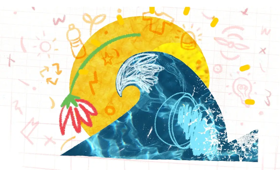 An illustration of waves, a sun and a flower.