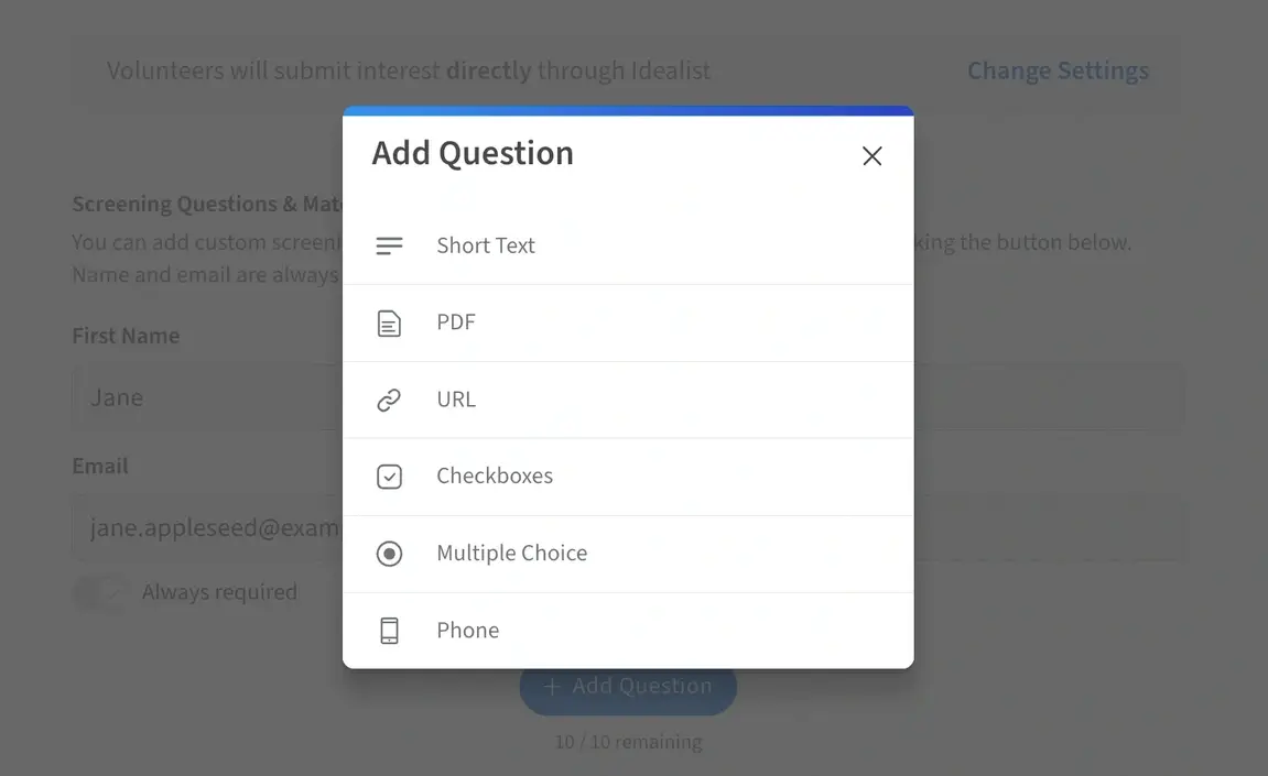 Screenshot of the Idealist website showing how to Add Questions to a volunteer listing