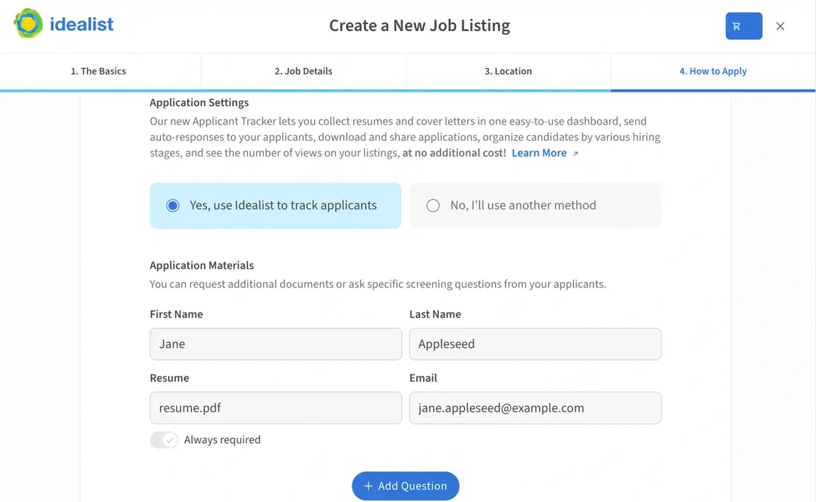 Screenshot of the Idealist website showing where to enable the Applicant Tracker