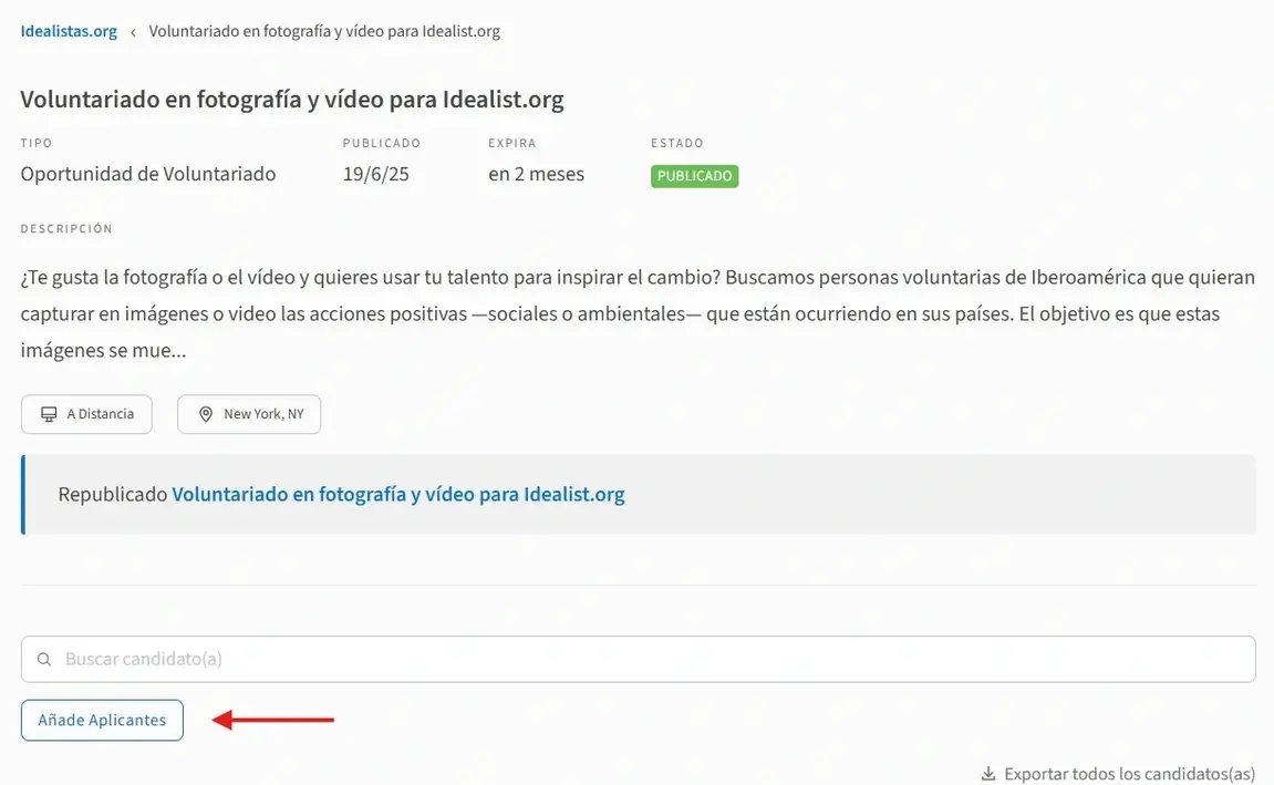 Imagen mostrando cómo añadir aplicantes en el sitio de Idealist
