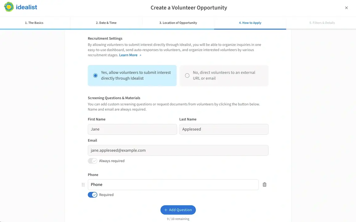 Screenshot of the Idealist website showing how to track volunteers