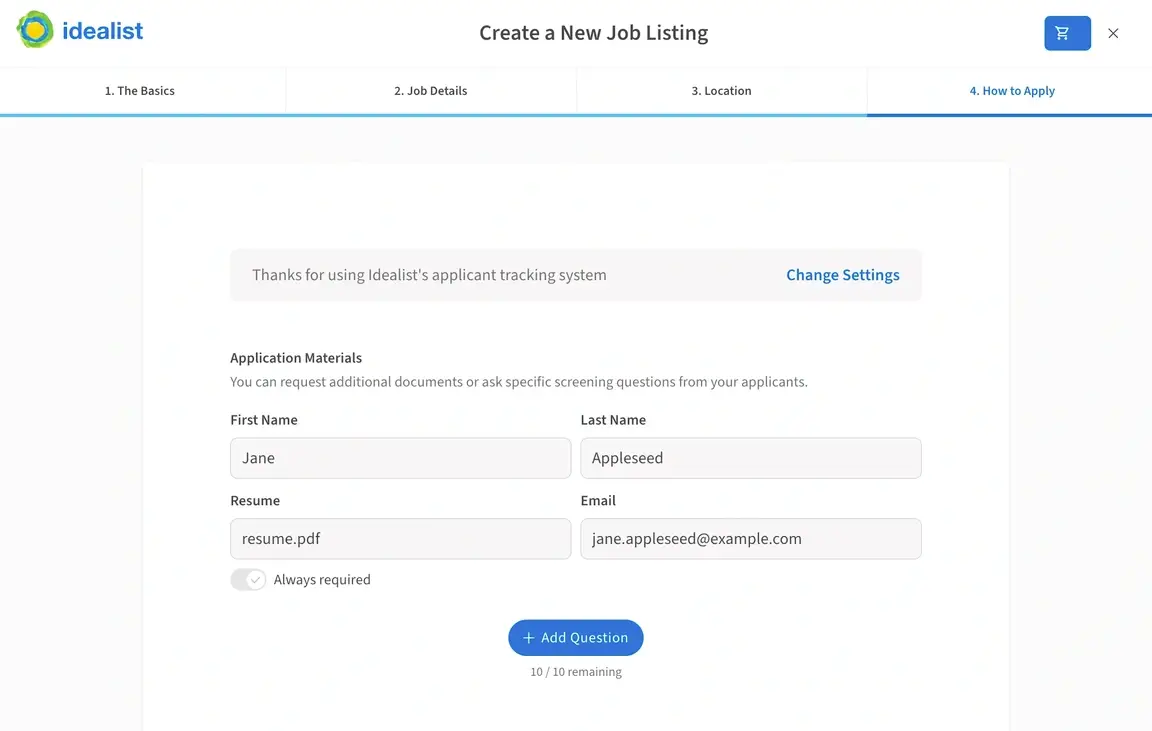 A screenshot of the Idealist website showing how to add document requirements to listings.