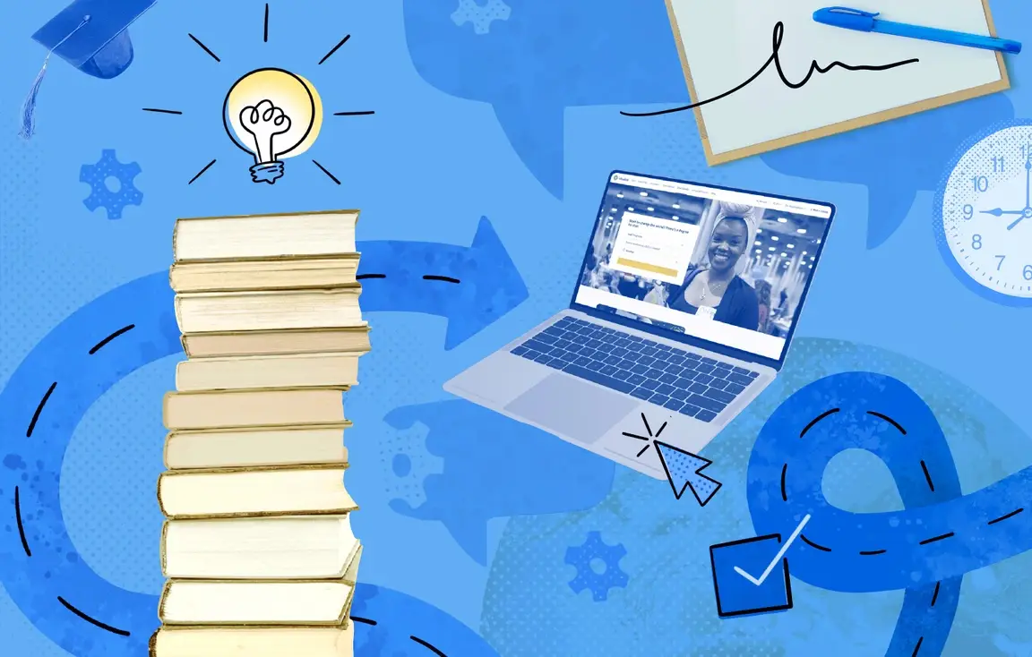 An illustration of stacked books, an open laptop, and a lightbulb to reflect graduate school studies.