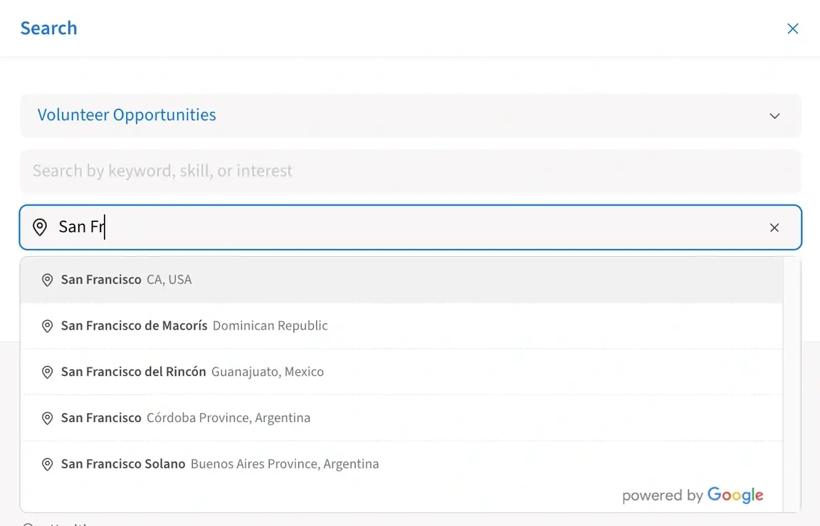 Screenshot of the Idealist website showing the location field in a mobile search