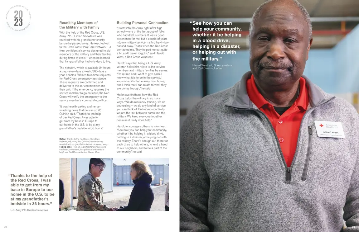 A page from The American Red Cross’s 2023 annual report, which shows how the organization included stories when sharing their volunteers’ impact.