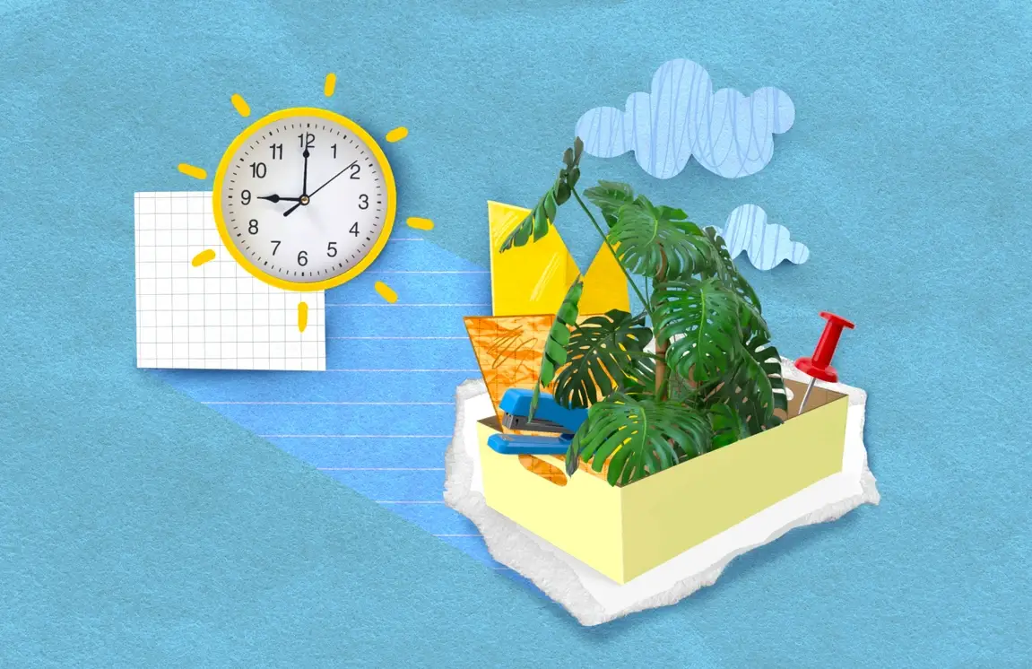 A clock on the wall displays 9:00 with a nearby box filled with office supplies like thumbtacks as well as a sprouting plant and clouds overhead.