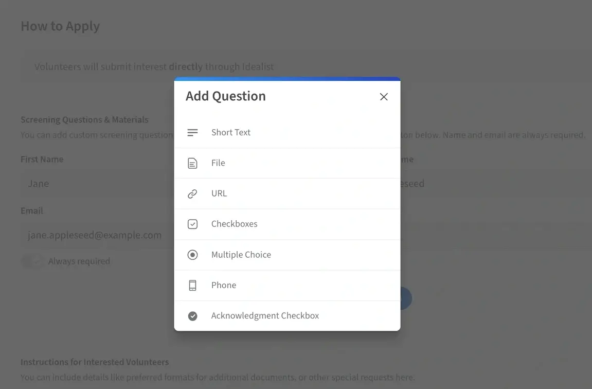 Screenshot of the Idealist website showing how to Add Questions to a volunteer listing