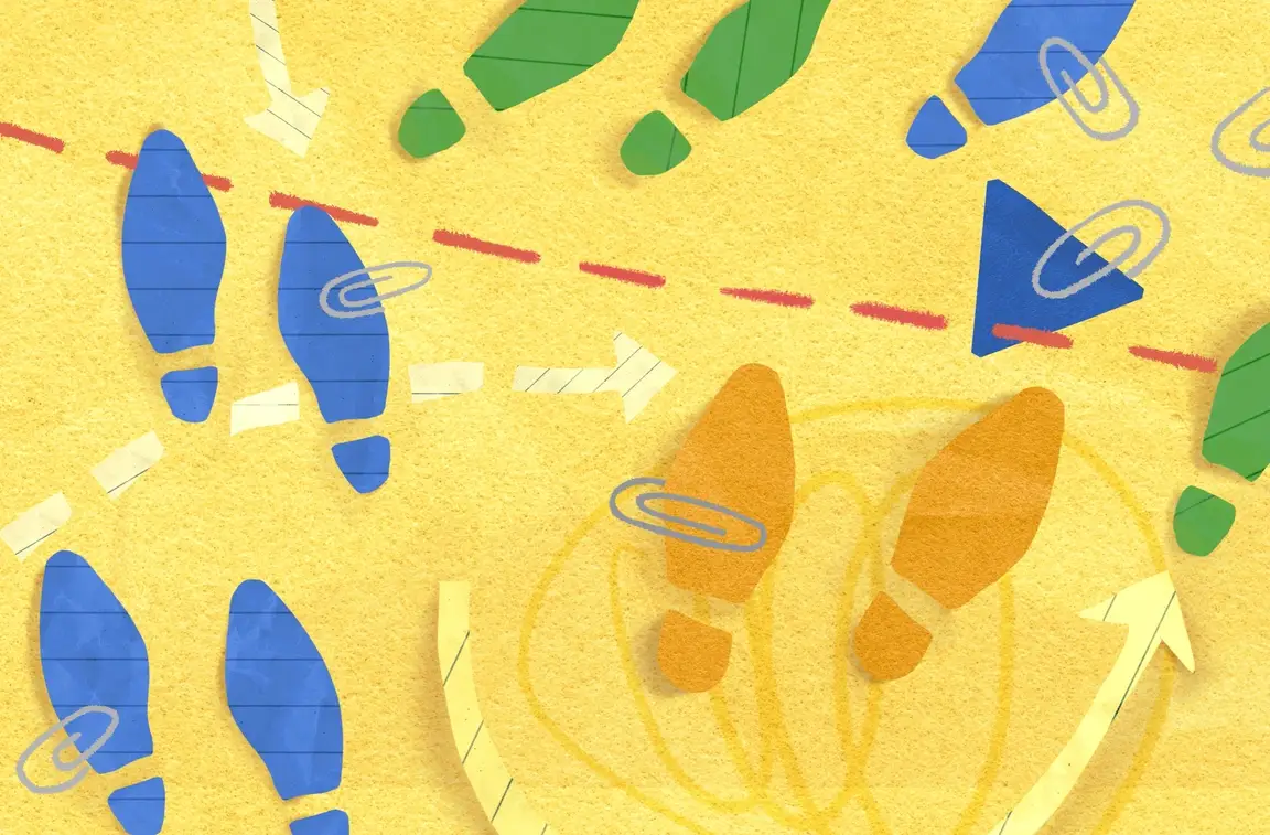 An illustration with different colored footprints.