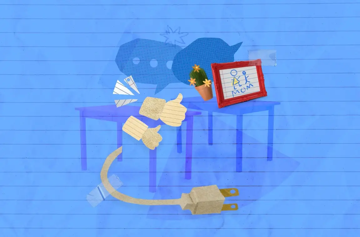 An illustration with tables, thumbs up, a plant, speech bubbles and a child's drawing.