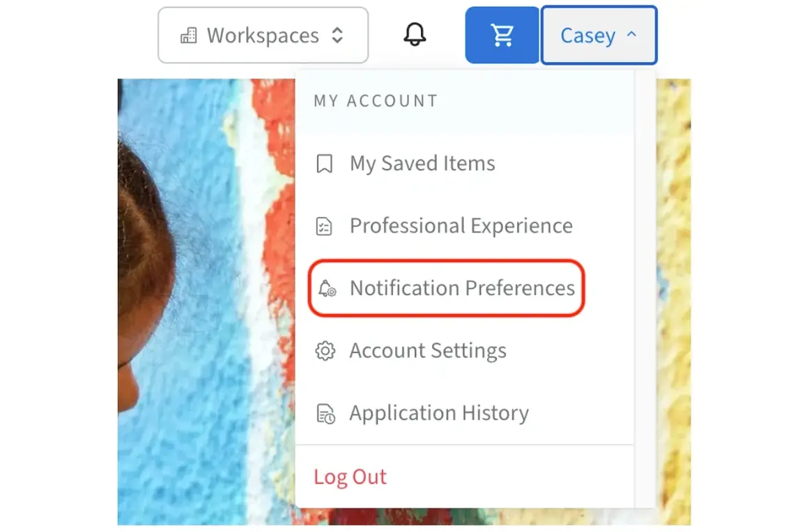 Screenshot of the Idealist website showing where to adjust Notification Preferences.