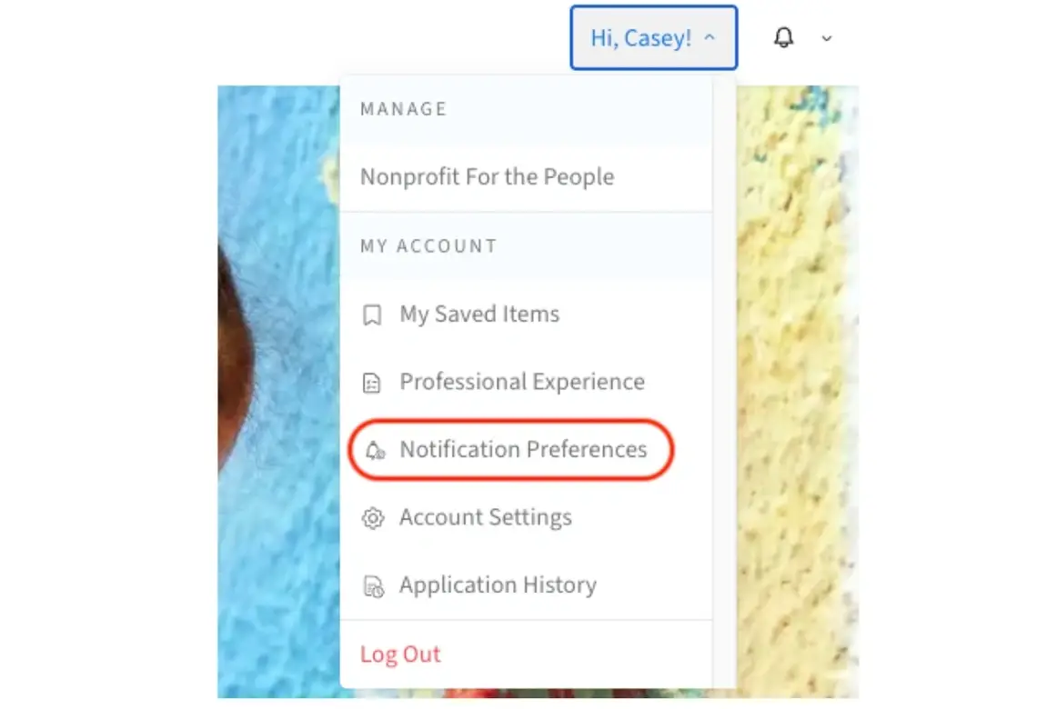 Screenshot of the Idealist website showing how to navigate to notification preferences.