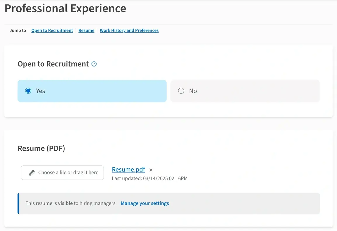 A screenshot of the Idealist website showing how to mark employment profile as Open to Recruitment