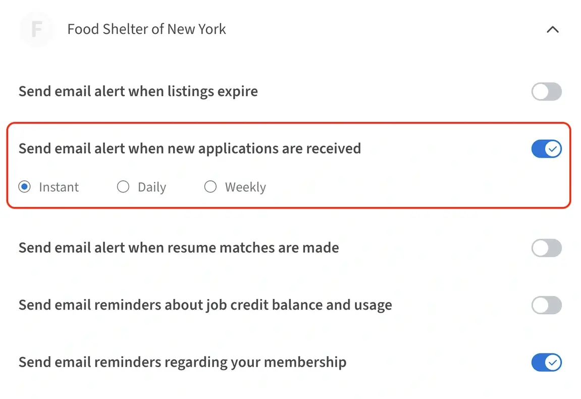 Screenshot of the Idealist website showing where to set administrator notification preferences.