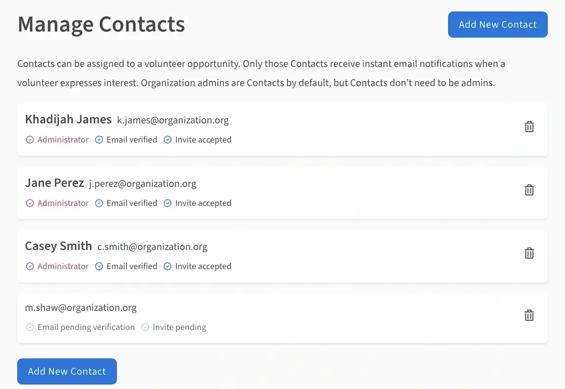 Screenshot of the Idealist website showing how to add a new Contact