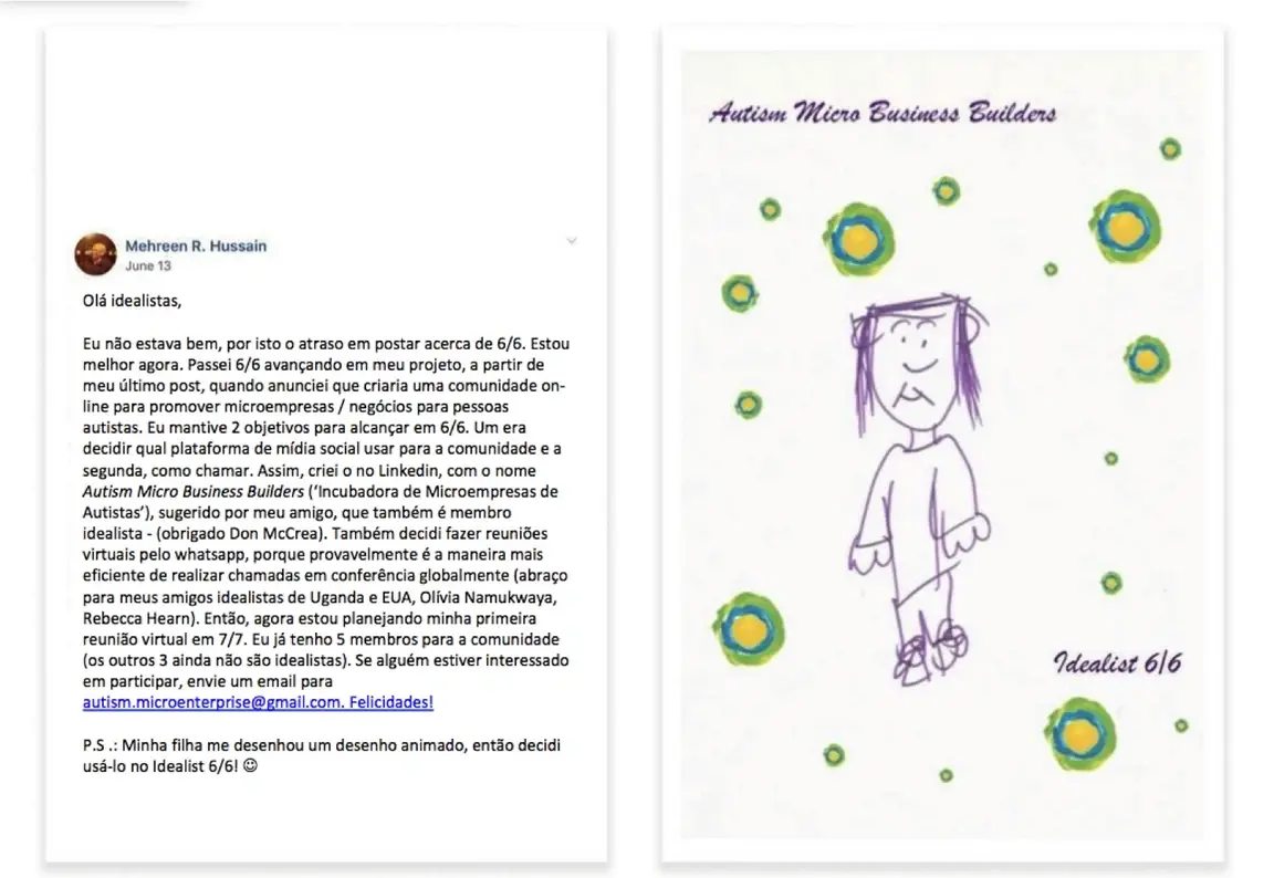 A screenshot of a social media post about Idealist Day and a drawing of a person surrounded by Idealist logos.
