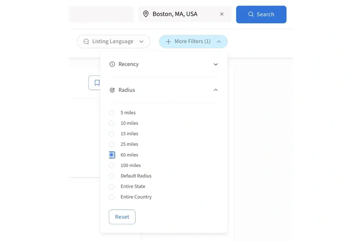 Screenshot of the Idealist website showing how to change the Default radius on the Radius search filter